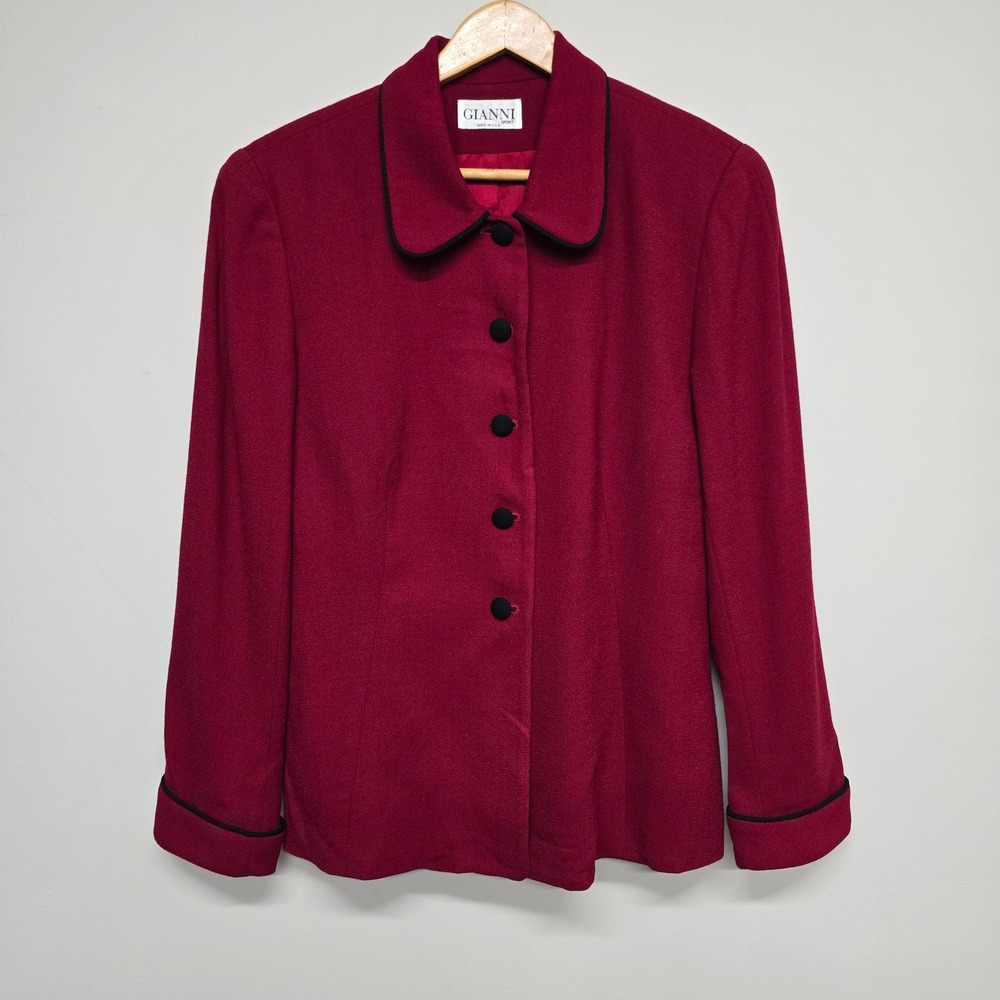 Vintage Gianni Sport Wool Blazer Women 12 Red 100% Wool Contrast Trim Office